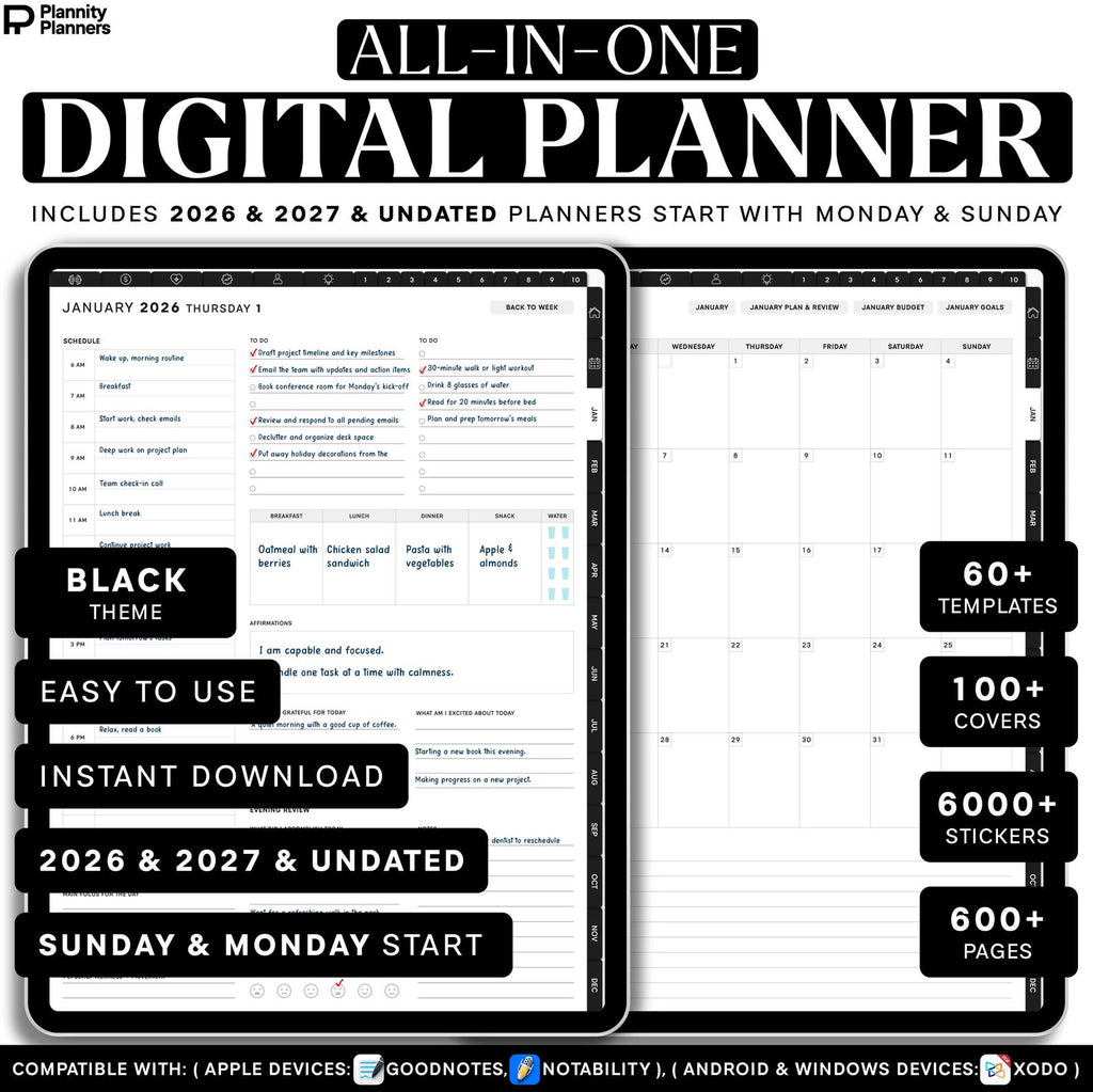 Portrait Digital Planner 2026, 2027 &amp; Undated | Hyperlinked GoodNotes Planner for iPad &amp; Android | Daily, Weekly &amp; Monthly Digital Journal | Notability Compatible