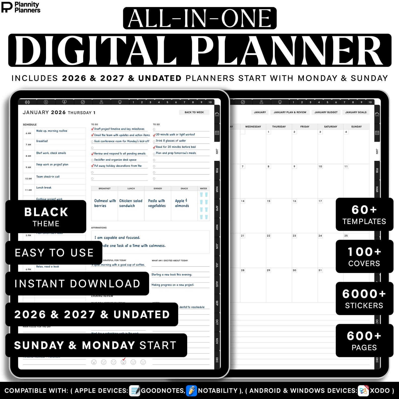 Portrait Digital Planner 2026, 2027 &amp; Undated | Hyperlinked GoodNotes Planner for iPad &amp; Android | Daily, Weekly &amp; Monthly Digital Journal | Notability Compatible