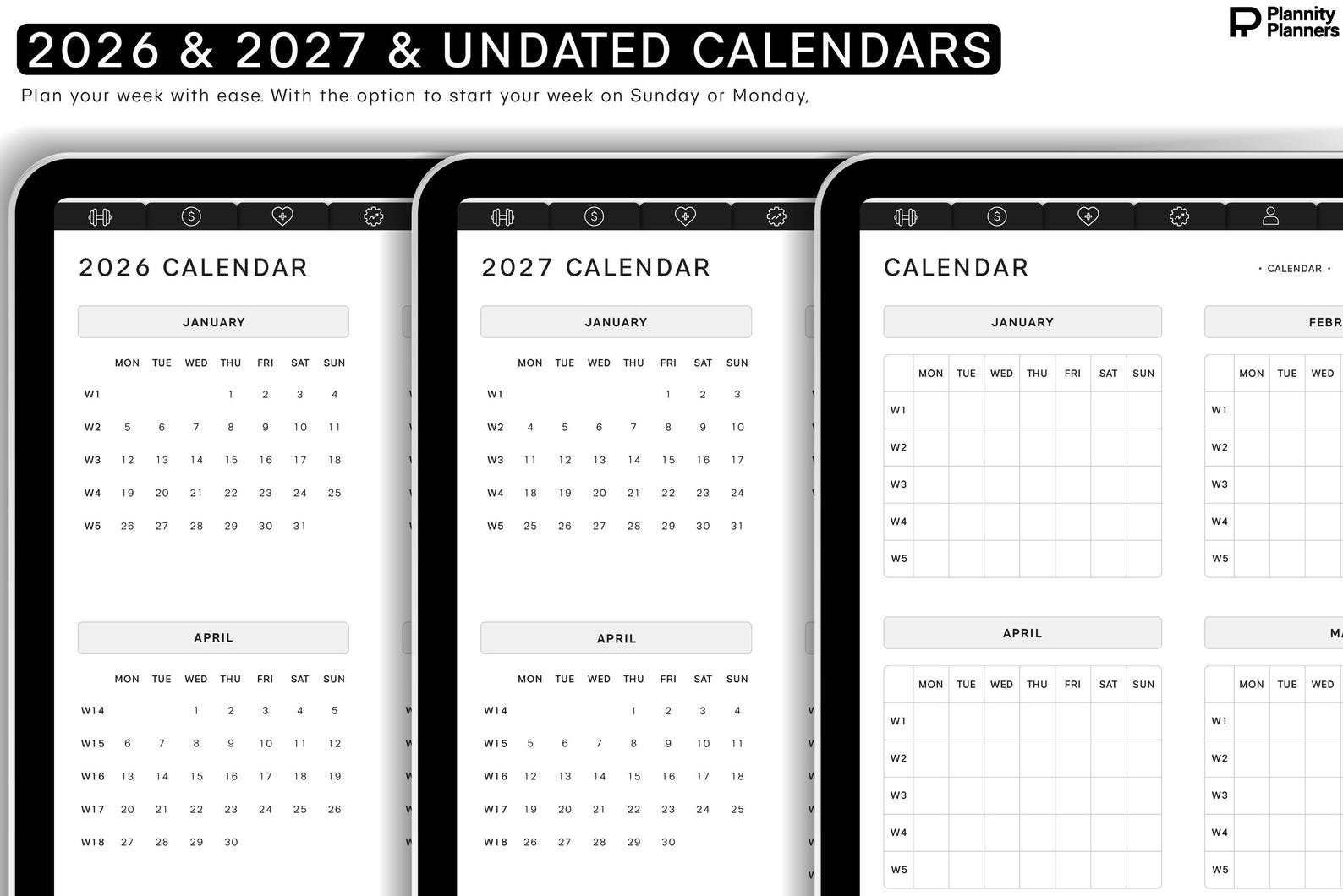 Portrait Digital Planner 2026, 2027 &amp; Undated | Hyperlinked GoodNotes Planner for iPad &amp; Android | Daily, Weekly &amp; Monthly Digital Journal | Notability Compatible