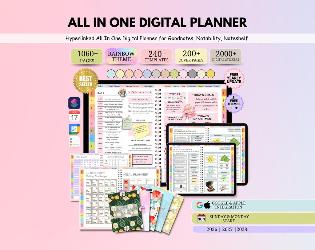 All-in-One Digital Planner 2026–2028 | Hyperlinked GoodNotes Planner | Daily, Weekly &amp; Monthly Digital Journal | iPad &amp; Android | Google &amp; Apple Calendar