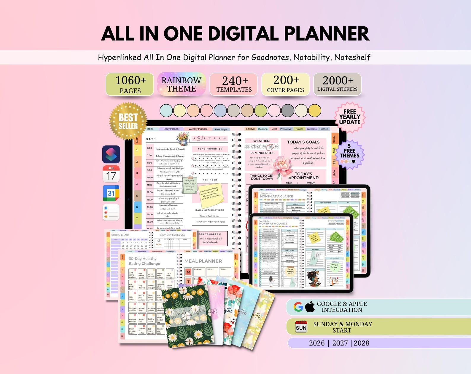 All-in-One Digital Planner 2026–2028 | Hyperlinked GoodNotes Planner | Daily, Weekly &amp; Monthly Digital Journal | iPad &amp; Android | Google &amp; Apple Calendar